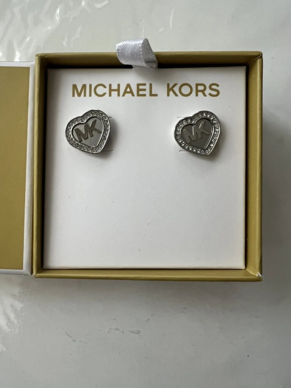 New in Box Michael Kors Silver Logo Heart Stud  Earrings
